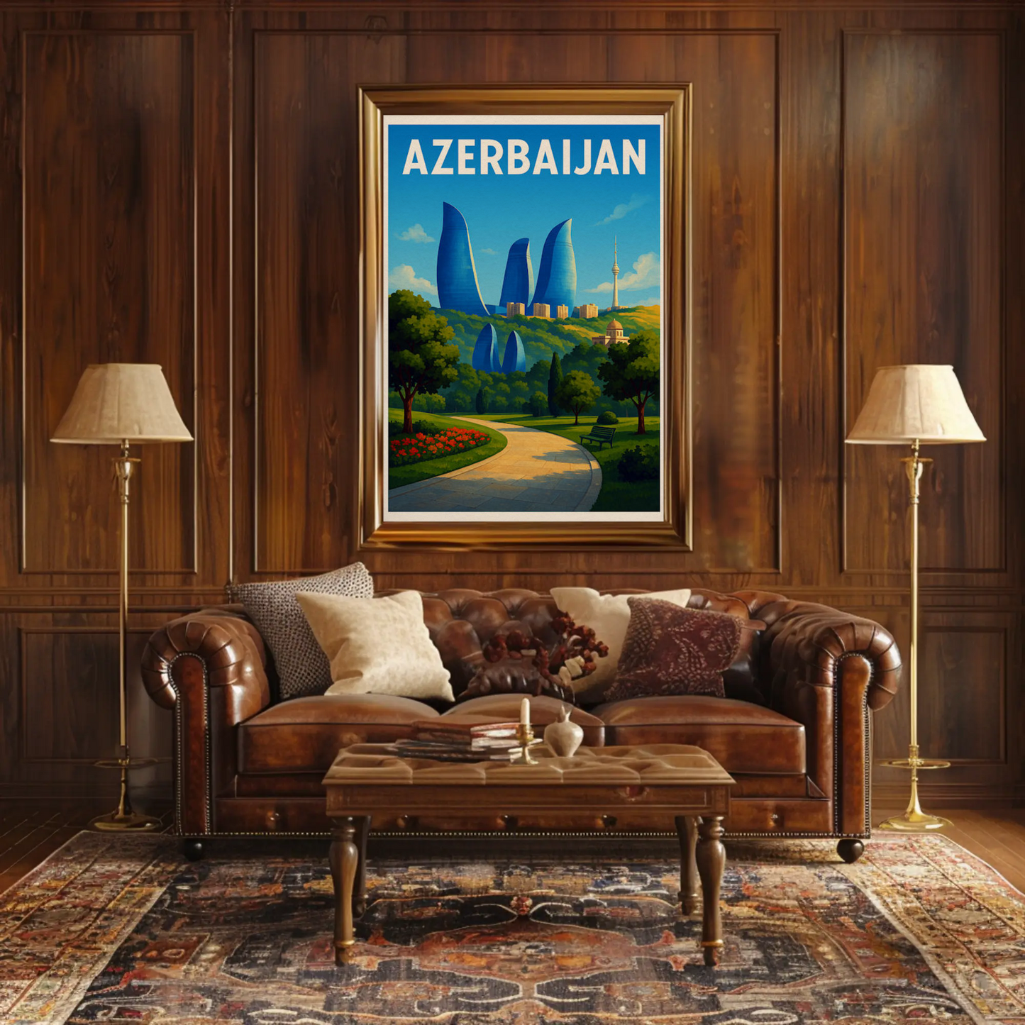 Azerbaijan Baku Flame Towers Park Path Travel Poster