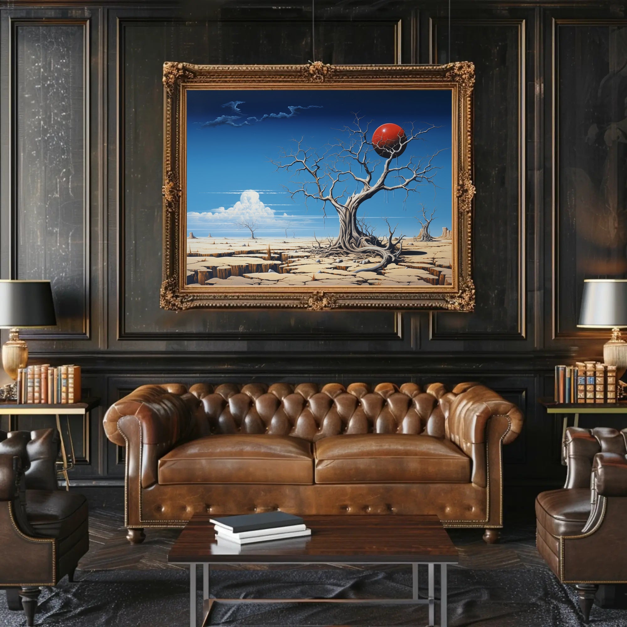 Surreal Desert Landscape with Red Sphere Artistic Poster