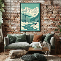 Winter Serenity: Majestic Snow-Covered Mountains and Tranquil River Poster