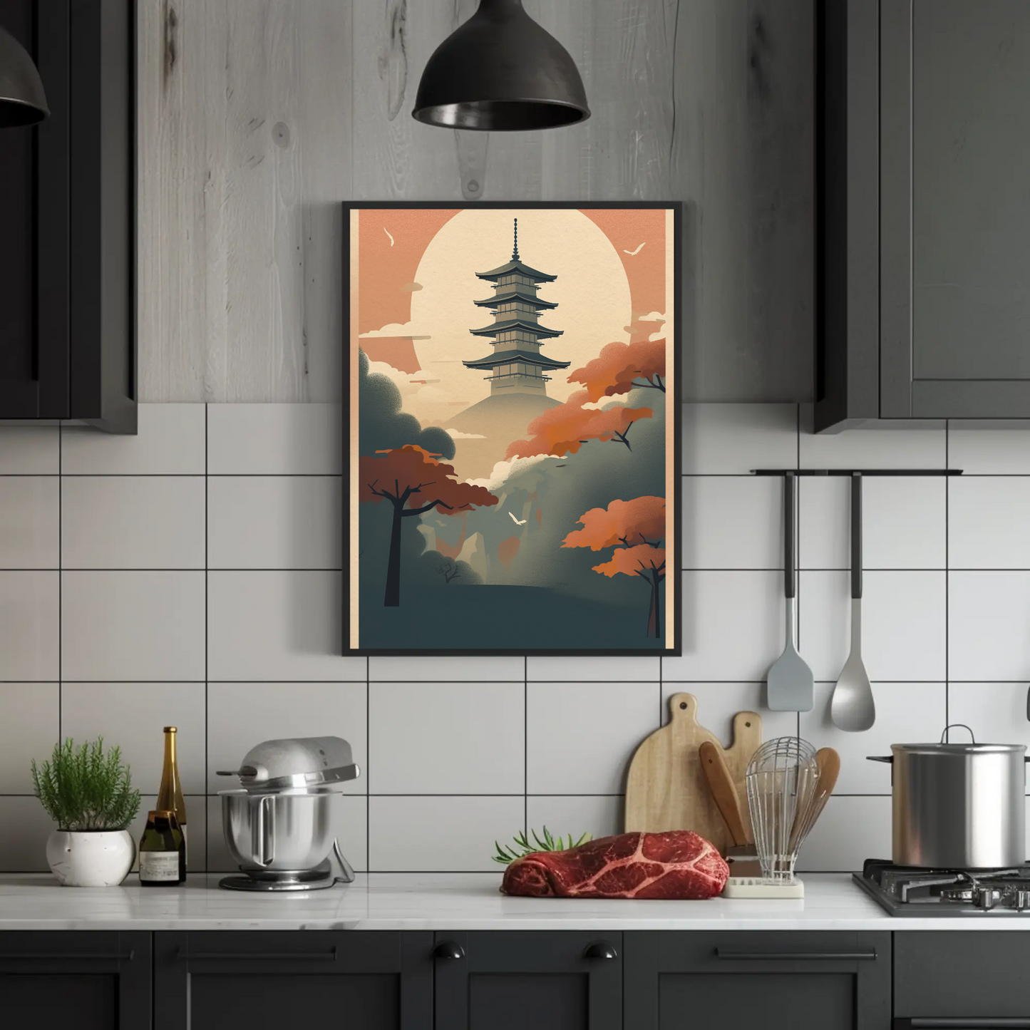 Sunset Pagoda Japan Mountain Haze Vintage Travel Poster