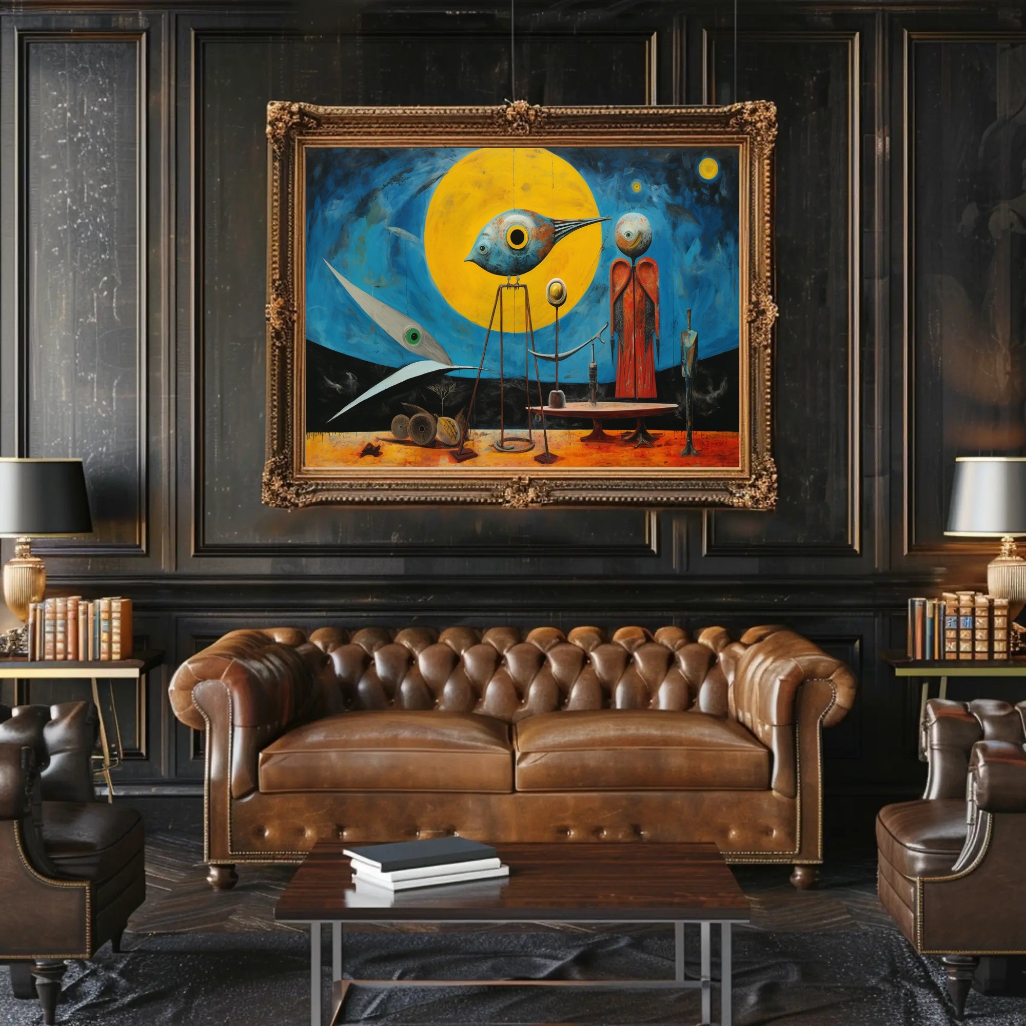 Surrealistic Abstract Art Poster with Bird and Humanoid Figures