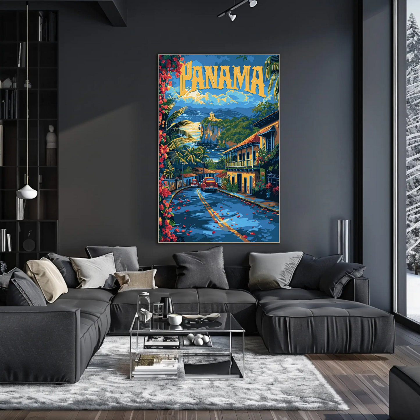 Panama Coastal Cliffs Village Retro Street View Travel Poster