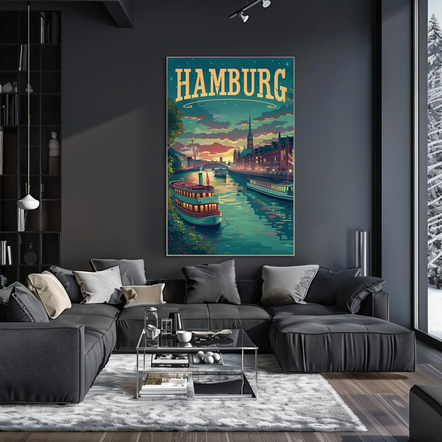 Hamburg Riverfront Twilight Travel Poster