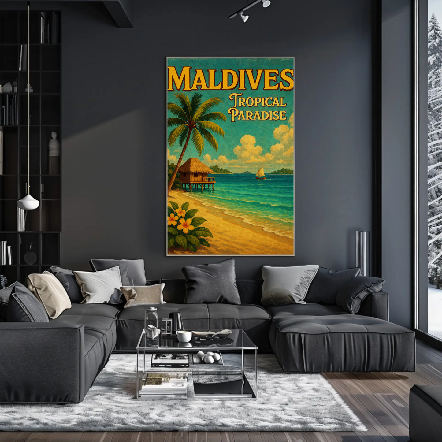 Maldives Tropical Hut With Sailboat Scene Travel Poster
