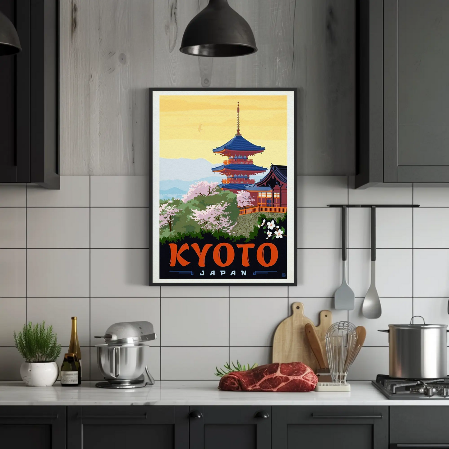 Kyoto Japan Pagoda Cherry Blossoms Temple Scene Vintage Travel Poster