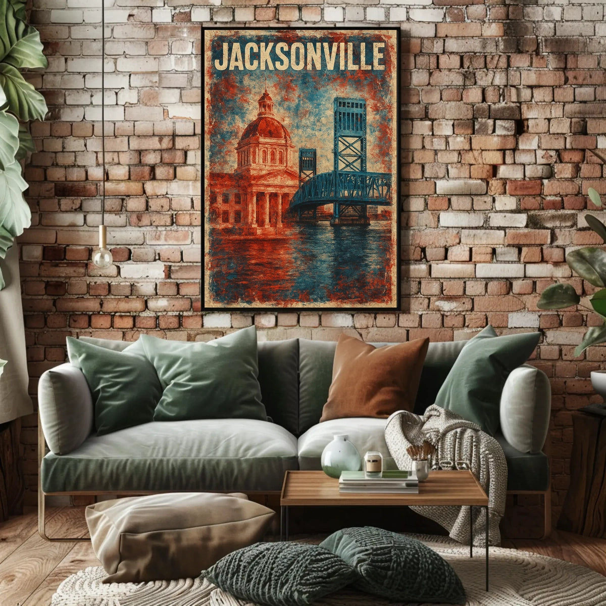 Jacksonville Landmarks Americana Cityscape Watercolor Florida Skyline Heritage Texture Patriotic Poster