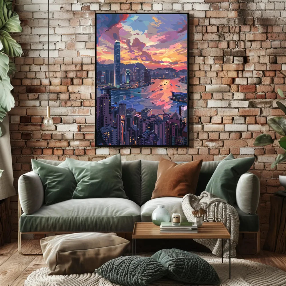 Hong Kong Sunset Cityscape Modern Art Poster