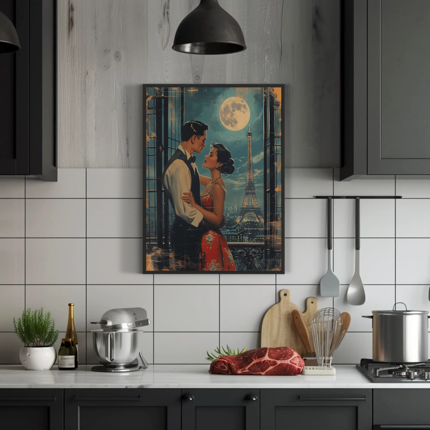 Romantic Couple Eiffel Tower Paris Moonlight Vintage Travel Poster