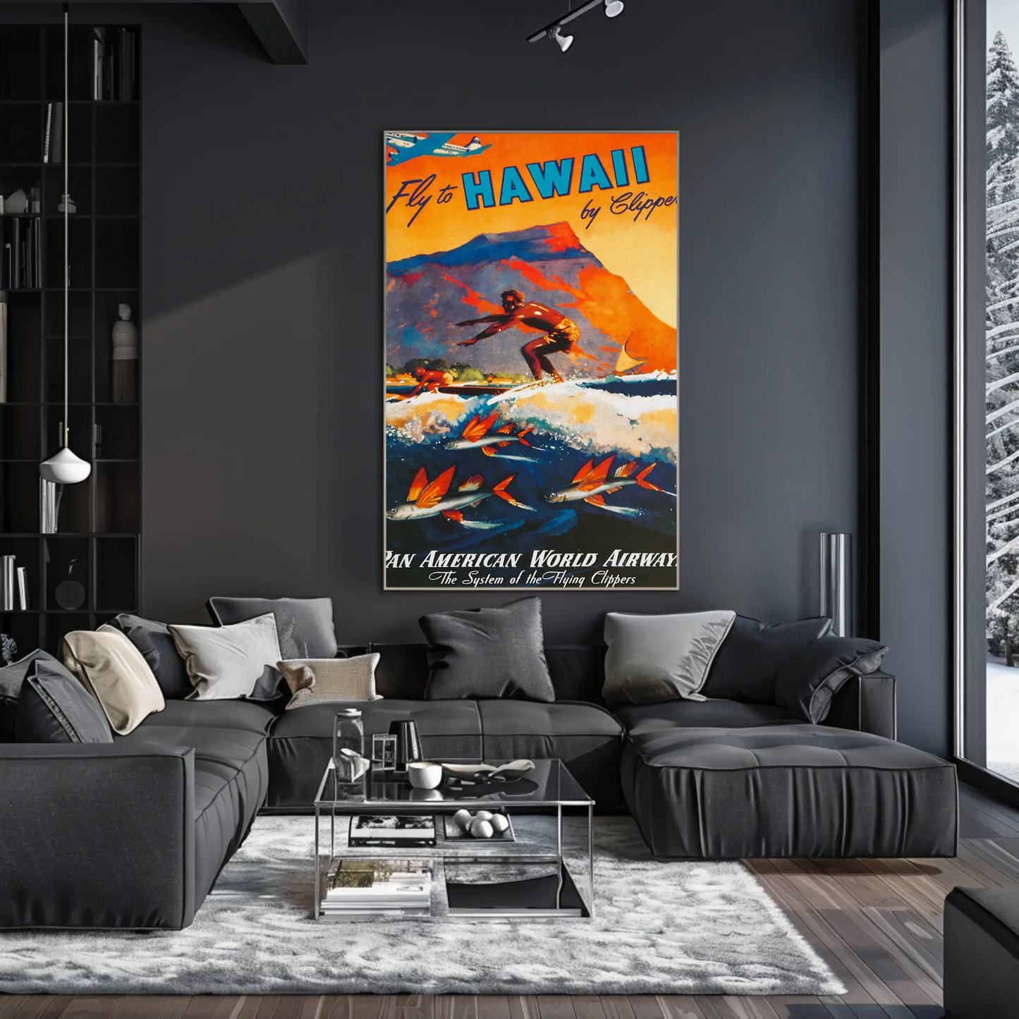 Fly To Hawaii Clipper Surfer Vintage Travel Poster