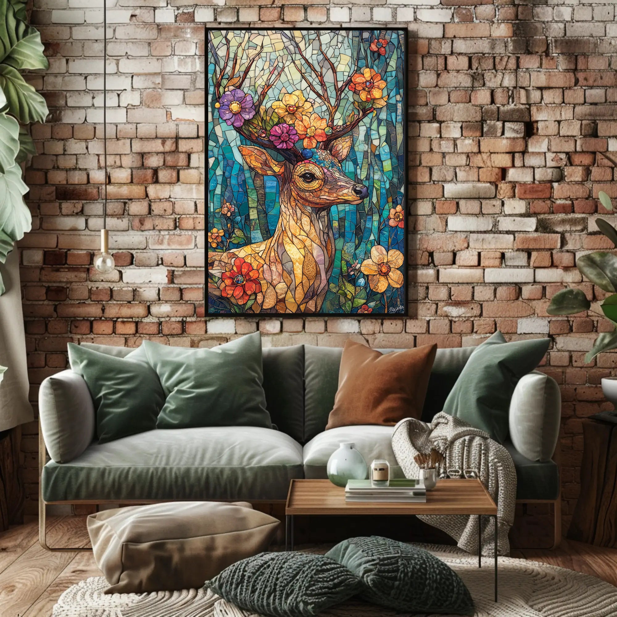 Deer in Vibrant Stained Glass Art Poster