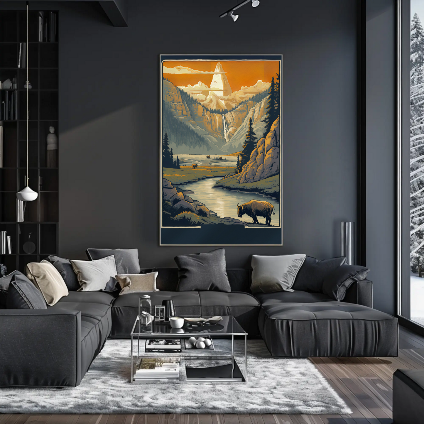 Mountain Valley Yellowstone Bison Scene Travel Poster
