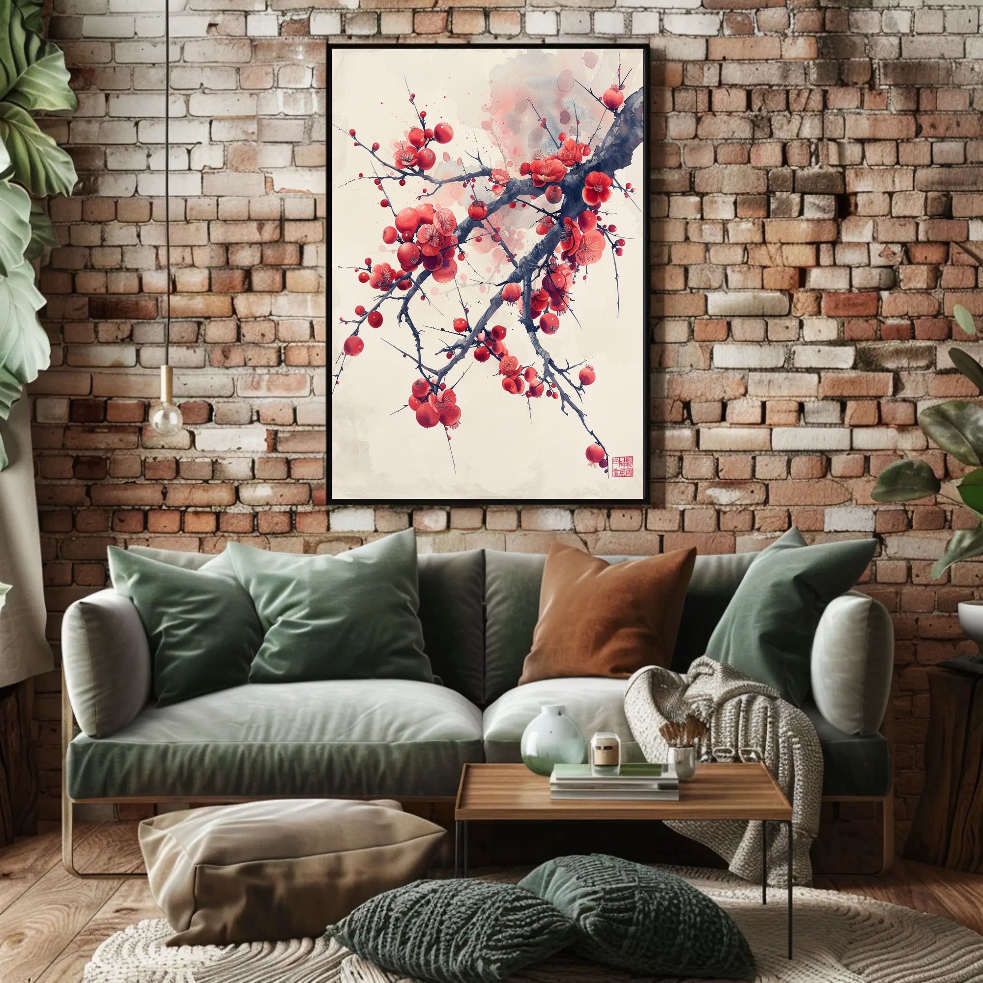 Elegant Red Plum Blossoms Artistic Poster PosterGoat