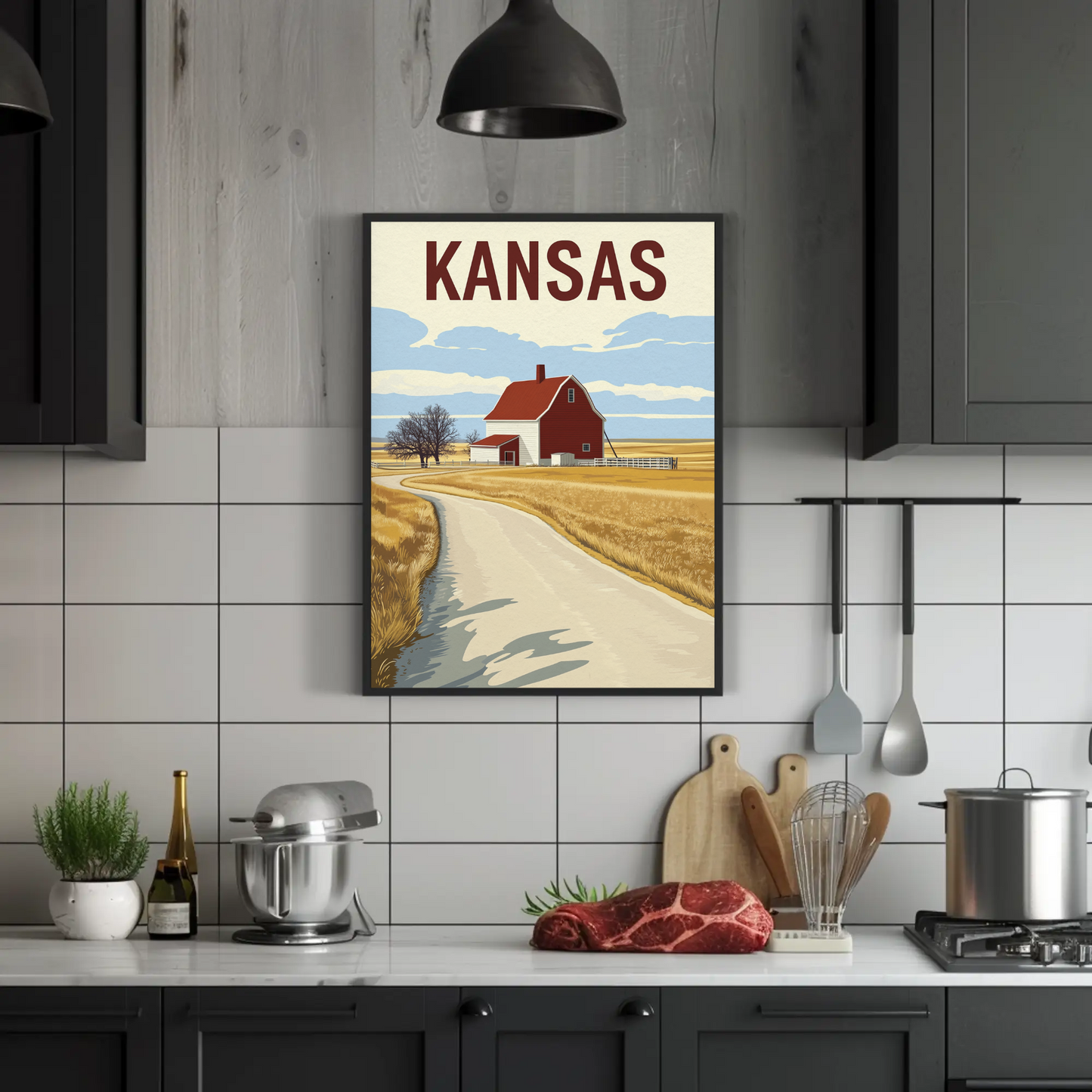 Kansas Barn Roadscape Vintage Poster
