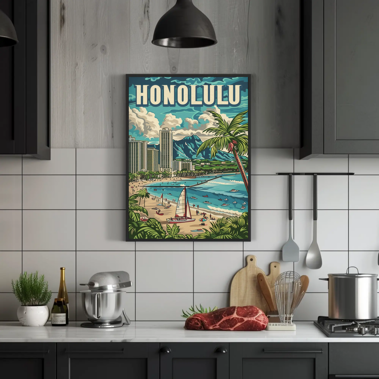 Honolulu Vintage Poster Sailing and Skyscrapers