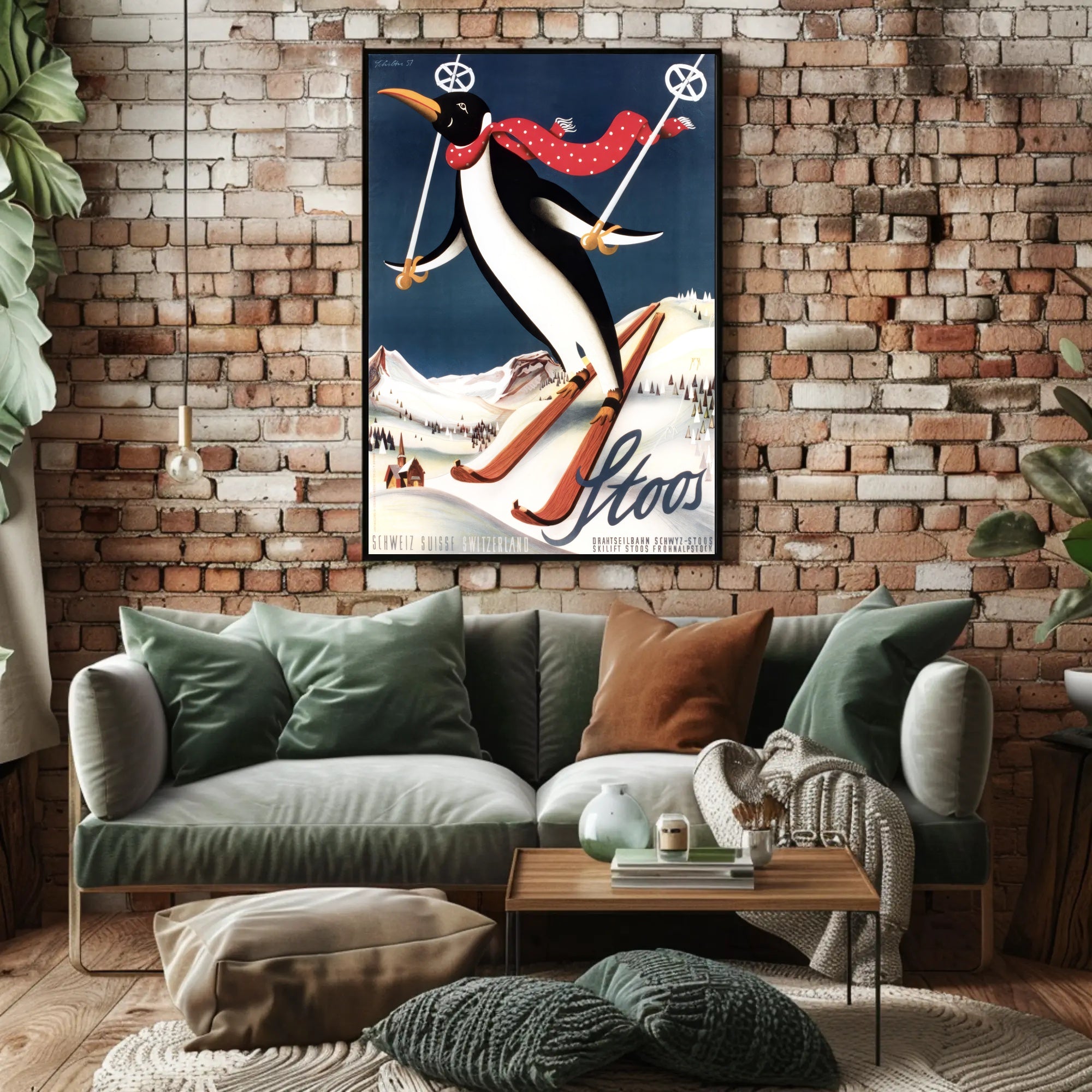 Whimsical Penguin Ski Adventure Travel Poster PosterGoat