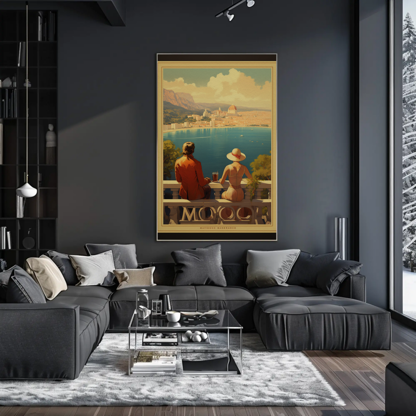 Romantic Coastal City Balcony Couple View Sunset Travel Poster