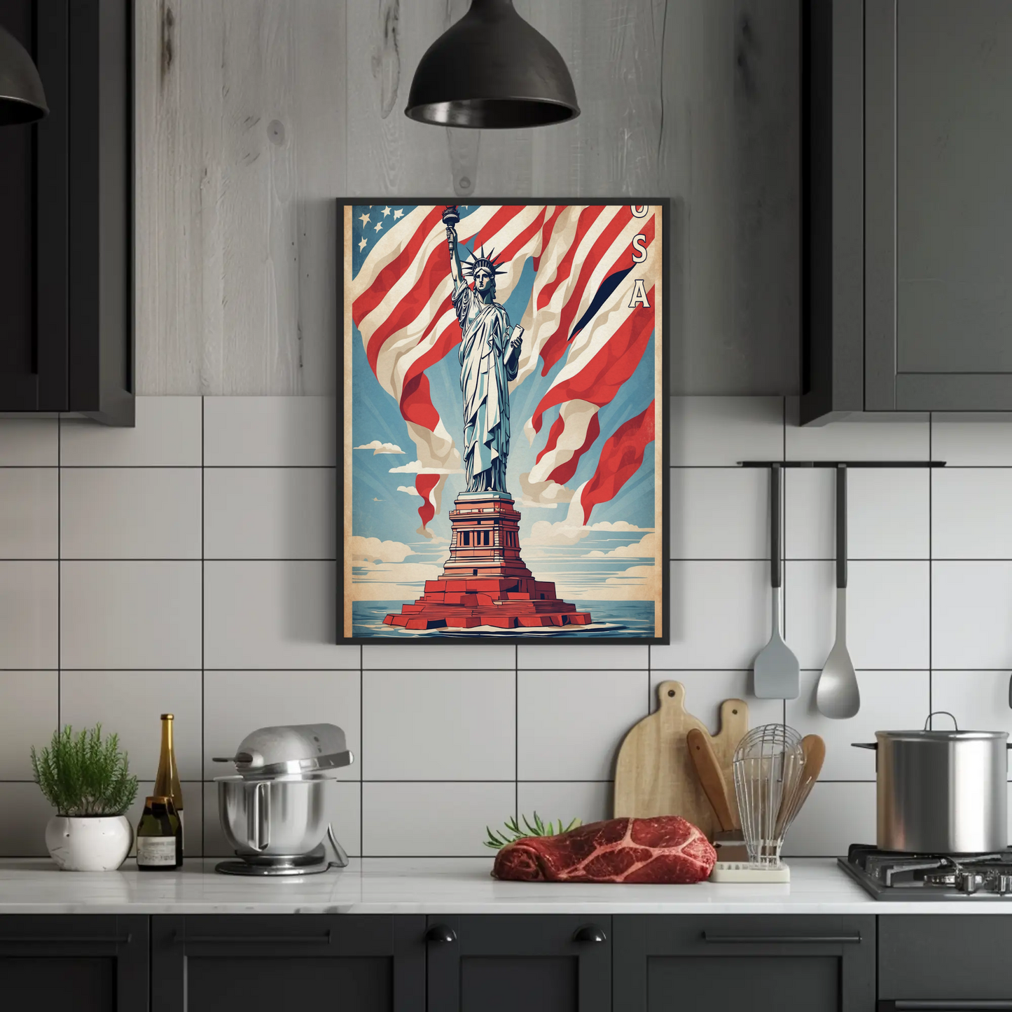 Liberty Statue American Flag Waves Vintage Travel Poster