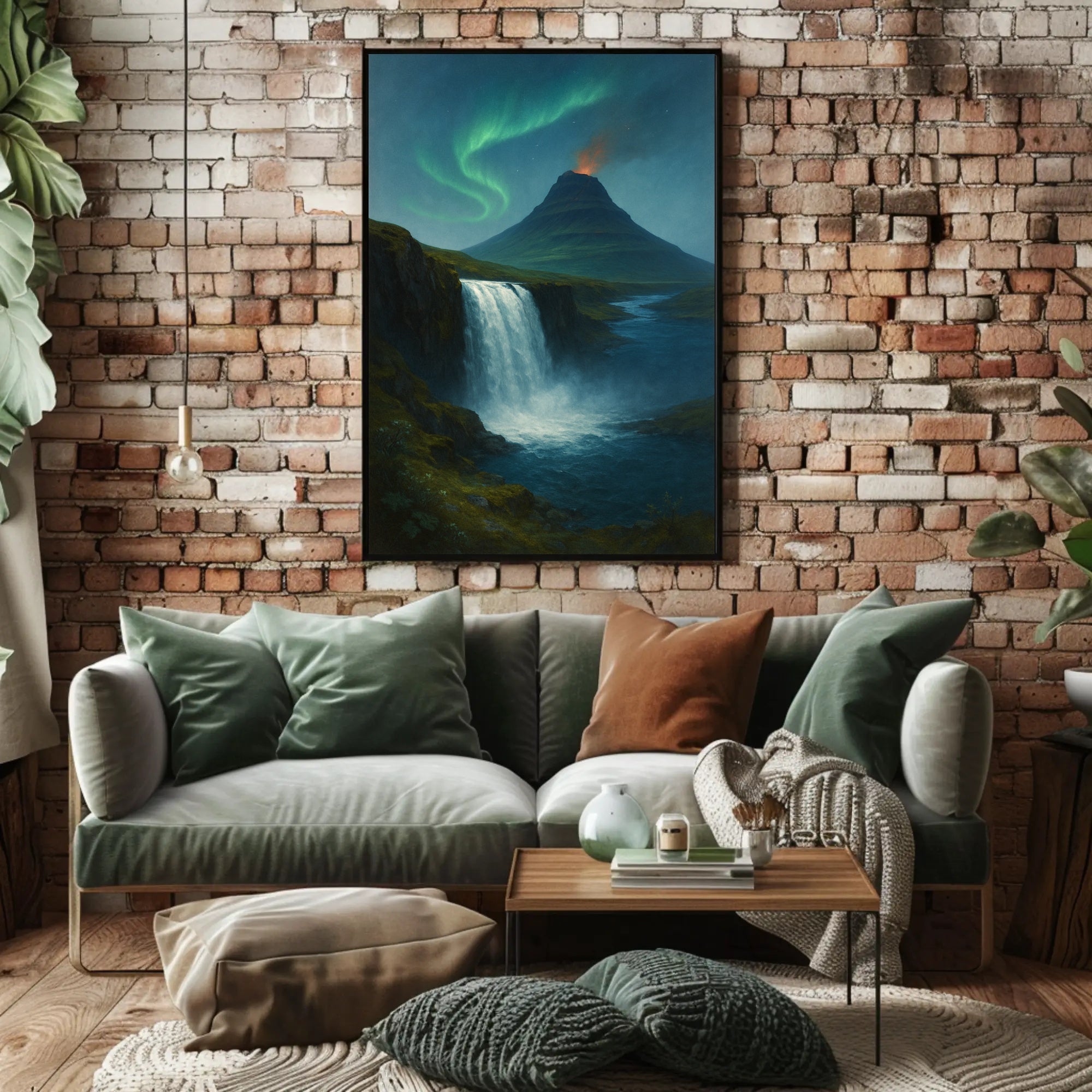 Icelandic Waterfall Under Aurora Borealis National Park Poster