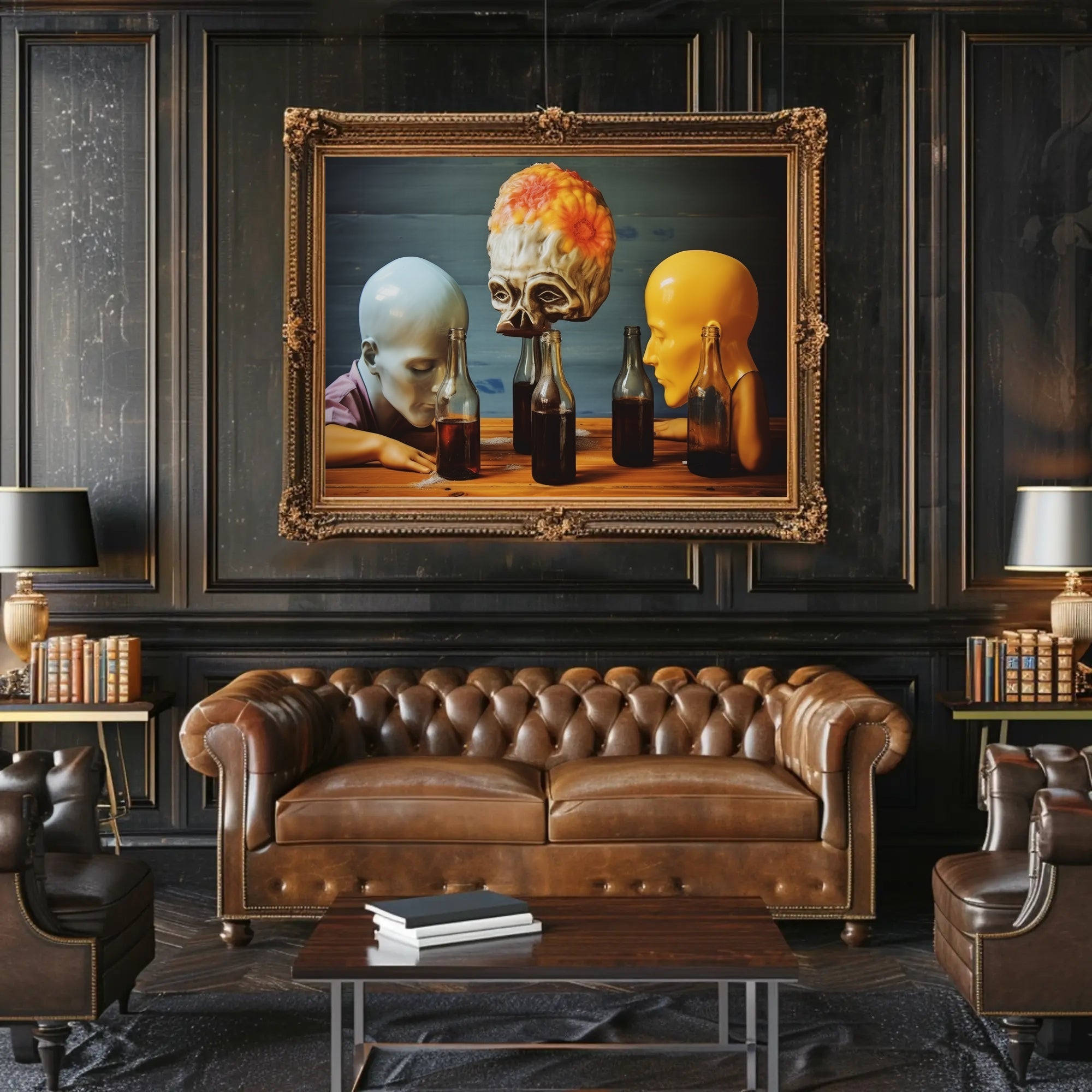 Surreal Mannequin Heads at Table - Abstract Artistic Poster