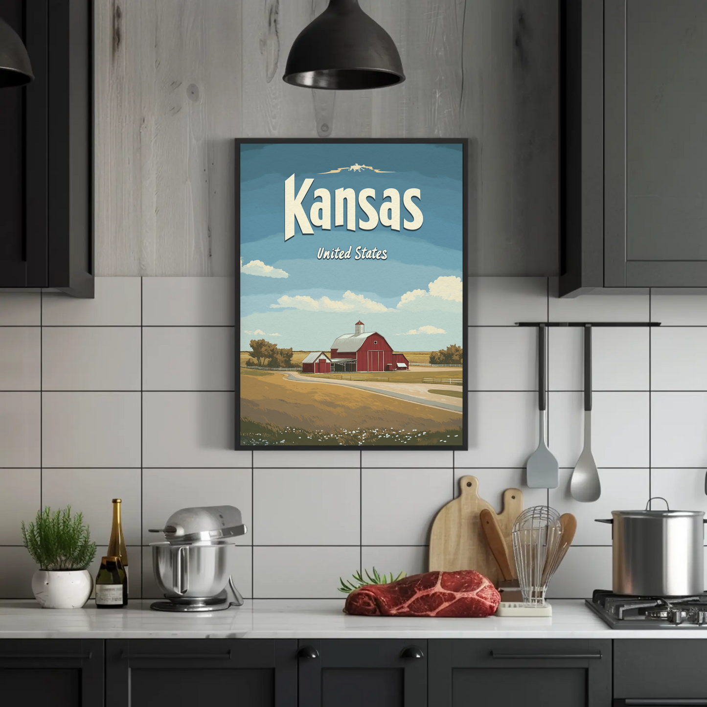 Kansas Farmstead Flat Design Vintage Poster