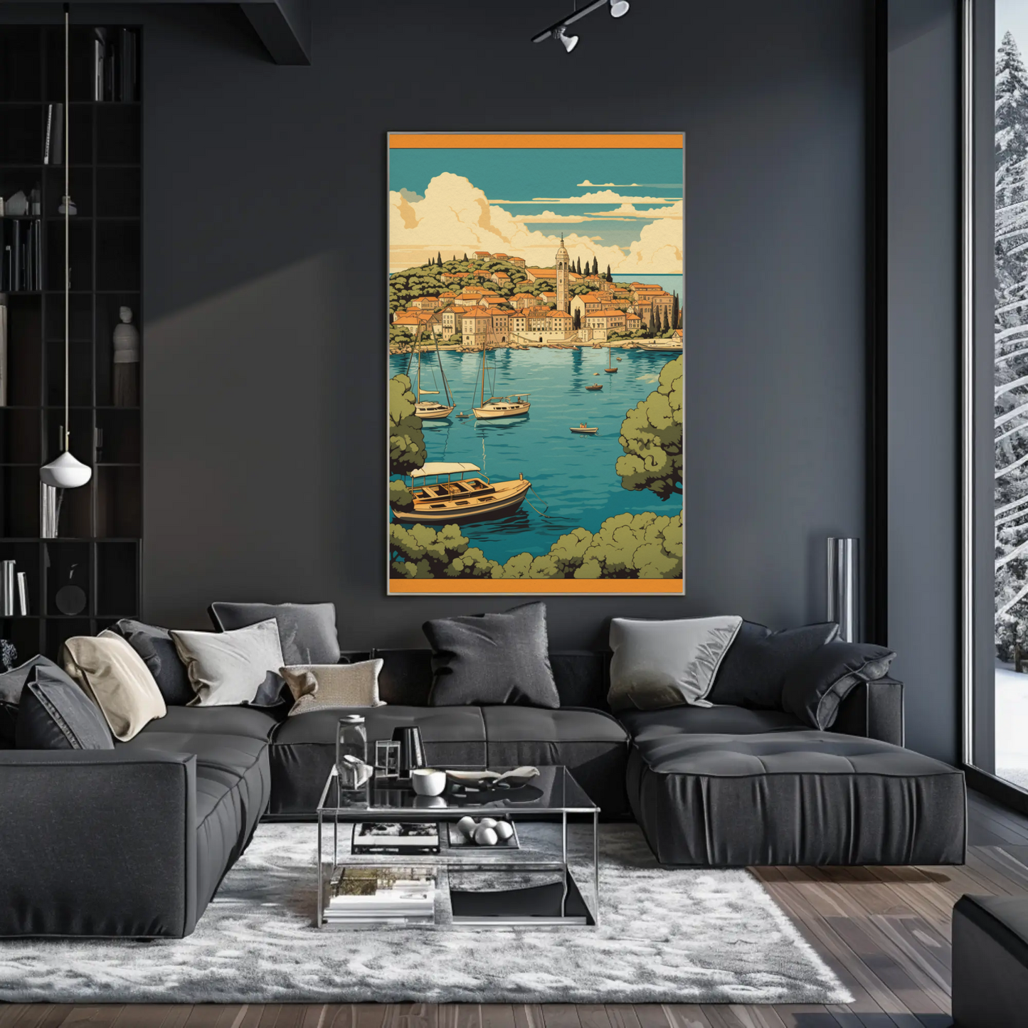 Coastal Mediterranean Village Boats Scenic Bay Travel Poster
