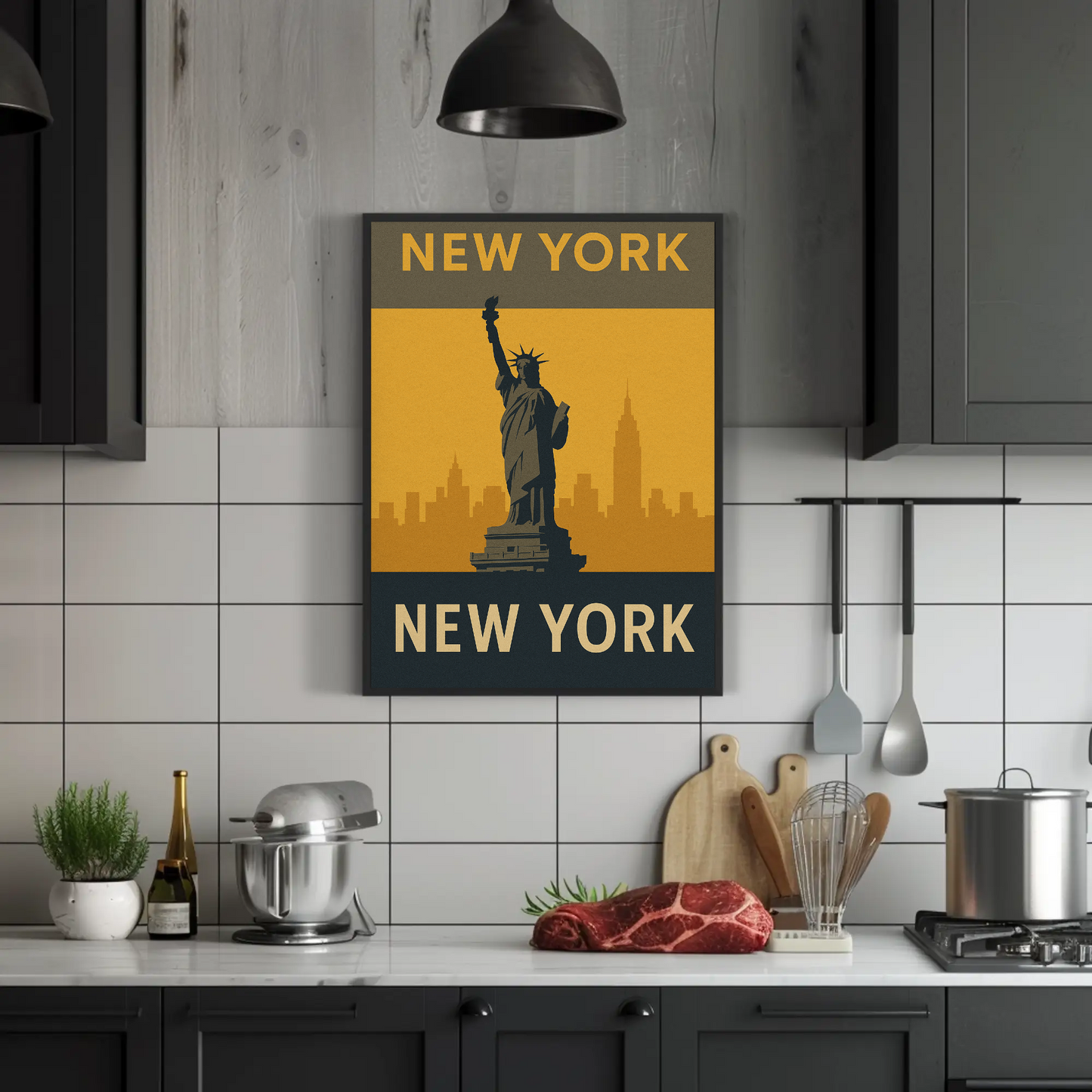 New York City Statue Skyline Yellow Vintage Travel Poster