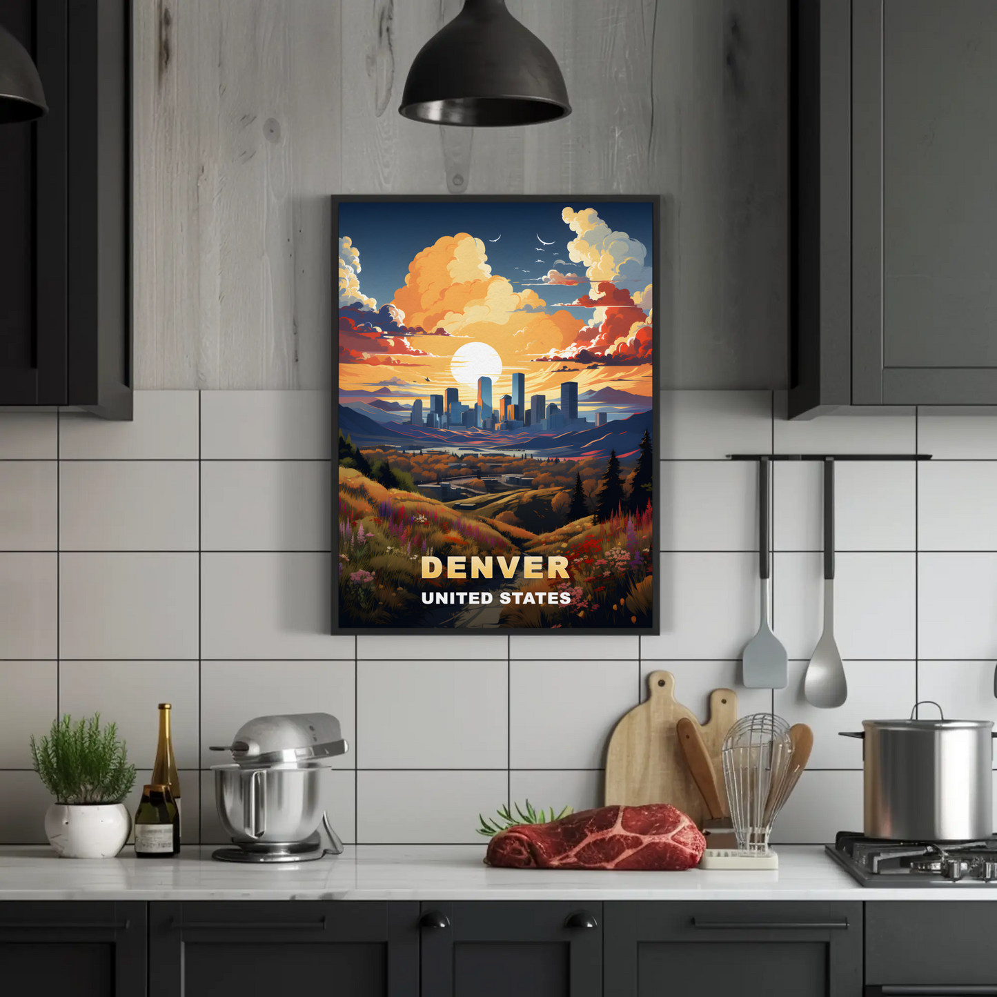 Denver Sunset Skyline Mountains Vintage Travel Poster