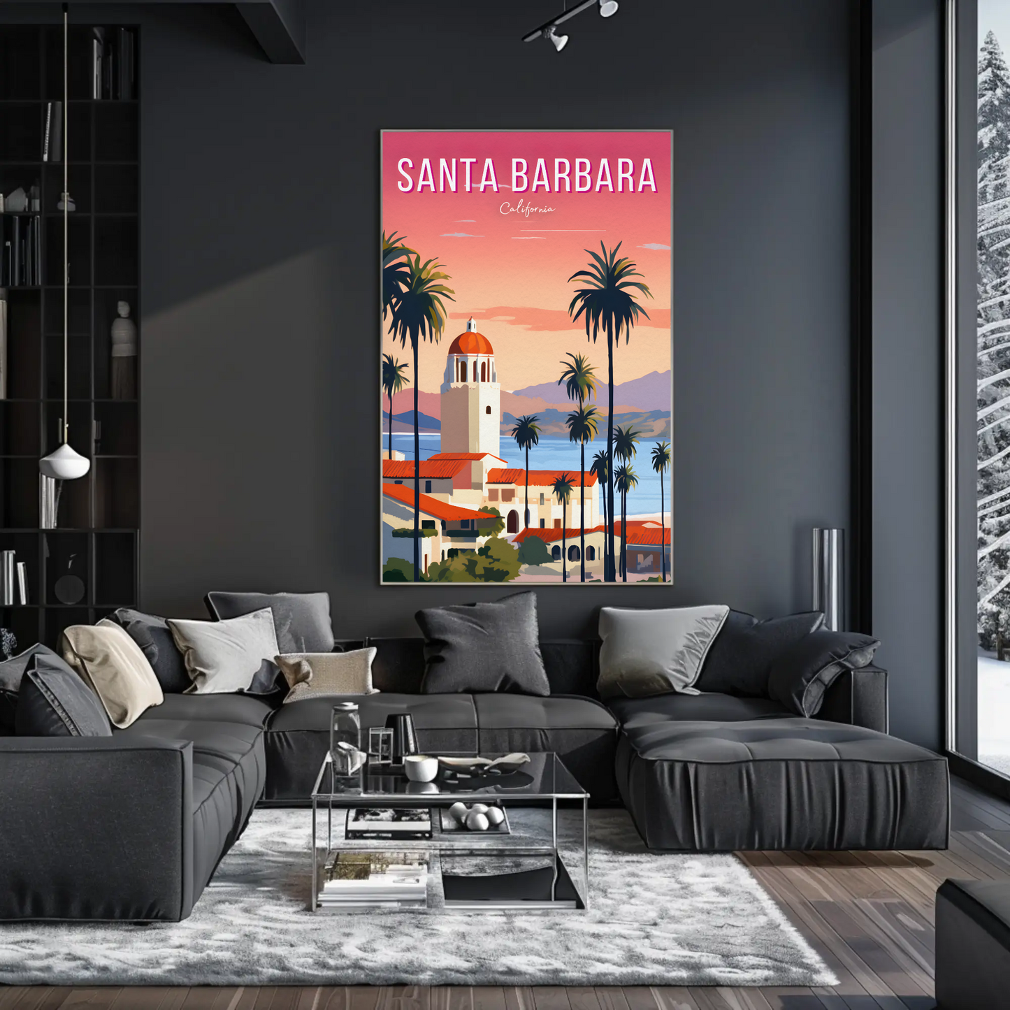Santa Barbara California Palm Coast Sunset Travel Poster