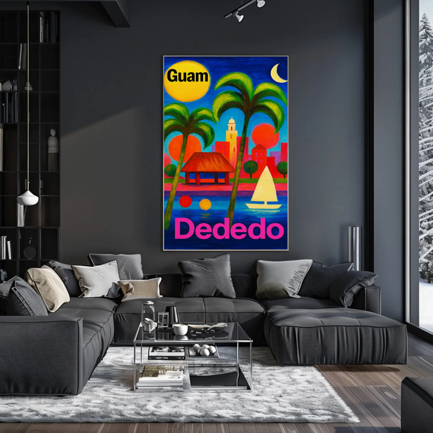 Dededo Guam Colorful Skyline Moonlight Travel Poster