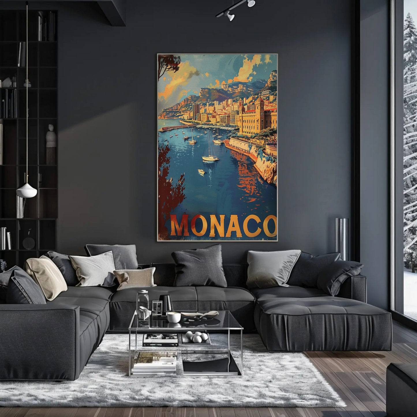 Monaco Mediterranean Coast Harbor Scene Retro Travel Poster