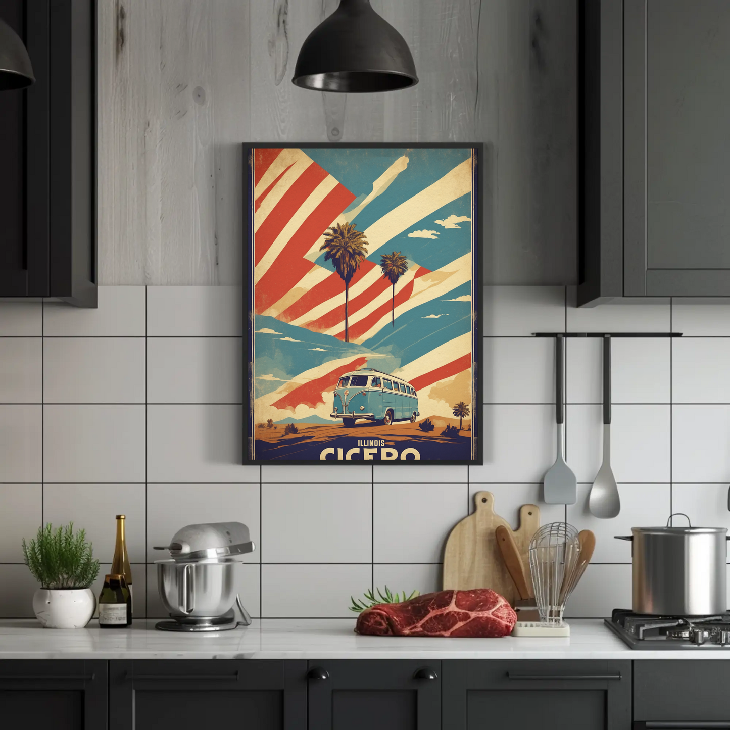 Cicero Illinois Palm Trees American Van Vintage Travel Poster