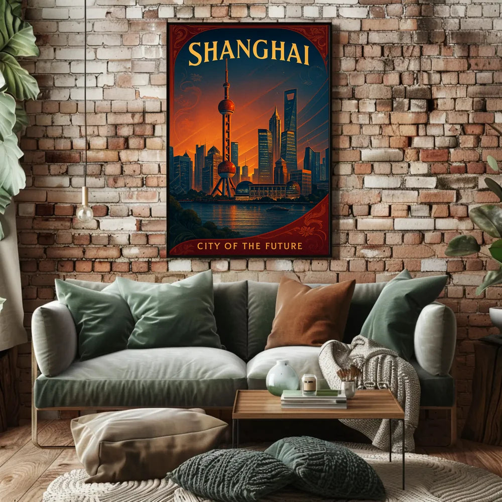 Shanghai Skyline Future Vision Retro Cityscape Urban Poster PosterGoat