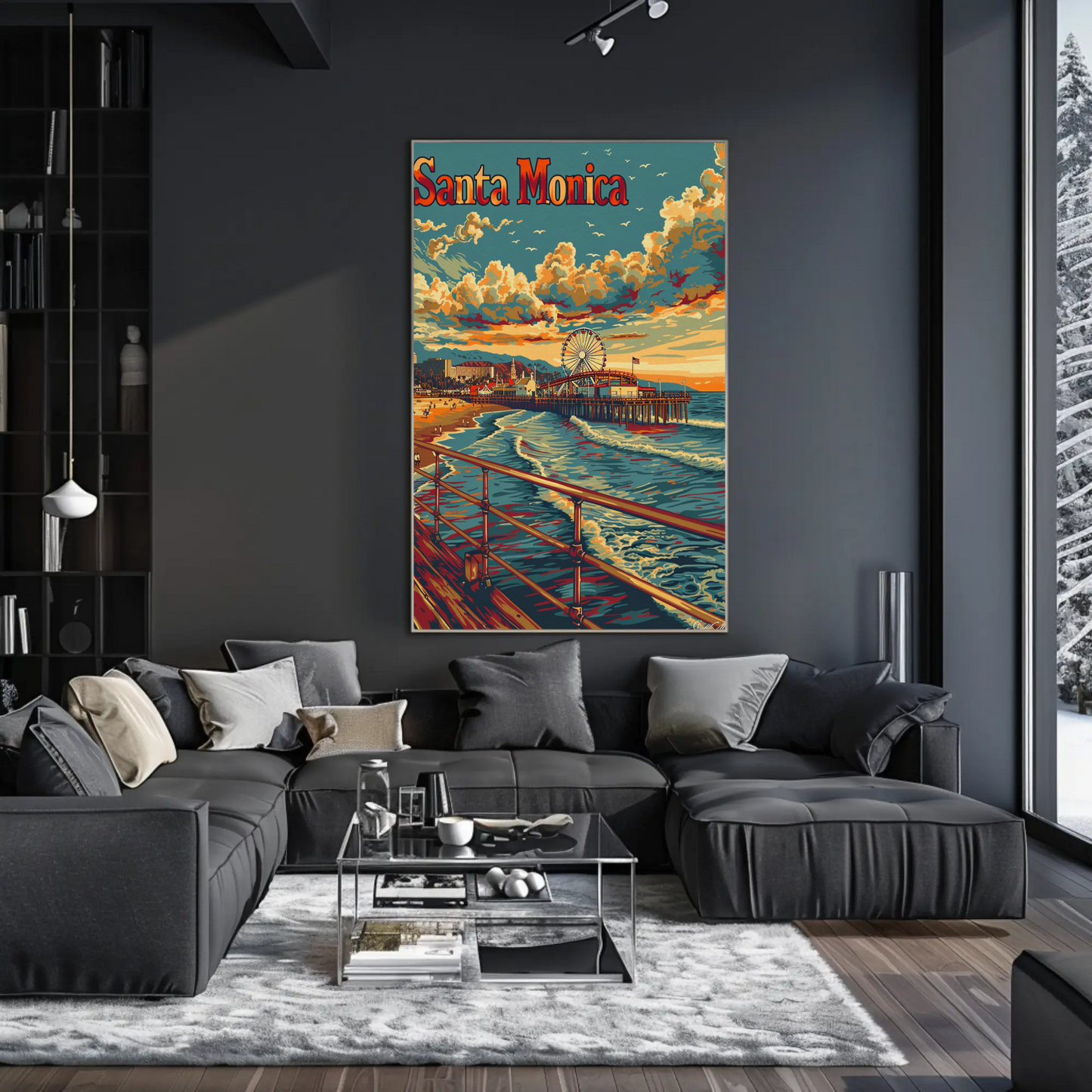 Santa Monica Sunset Pier and Surf Travel Poster