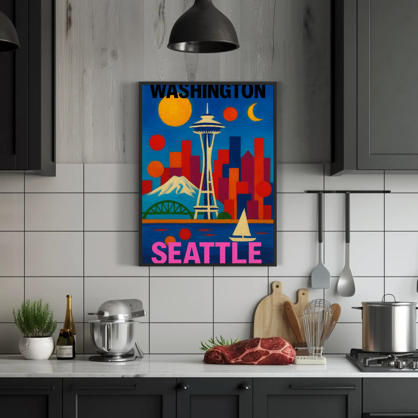 Washington Seattle Space Needle Mountains Sunset Vintage Travel Poster