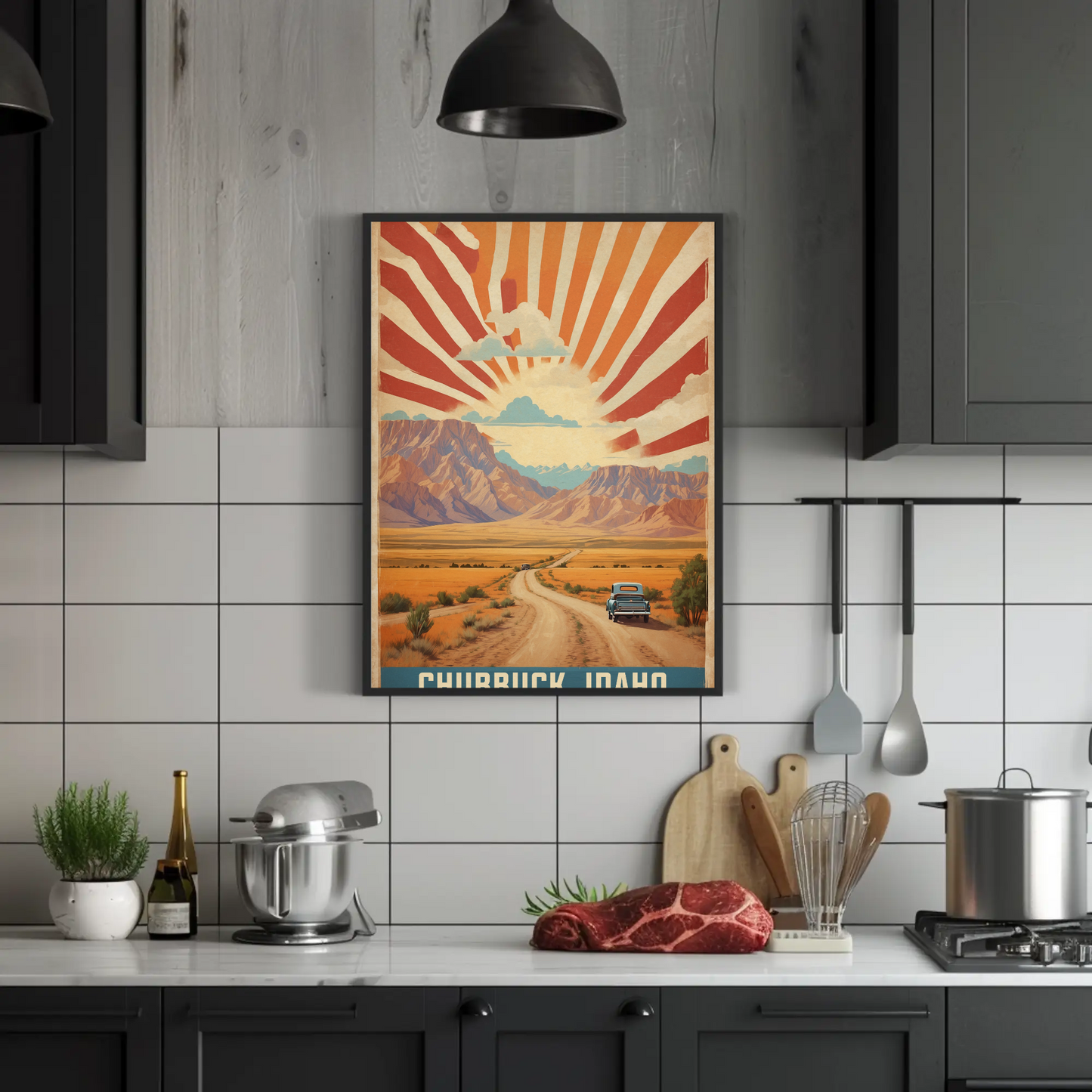 Chubbuck Idaho Sunset Road Desert Mountains Vintage Travel Poster