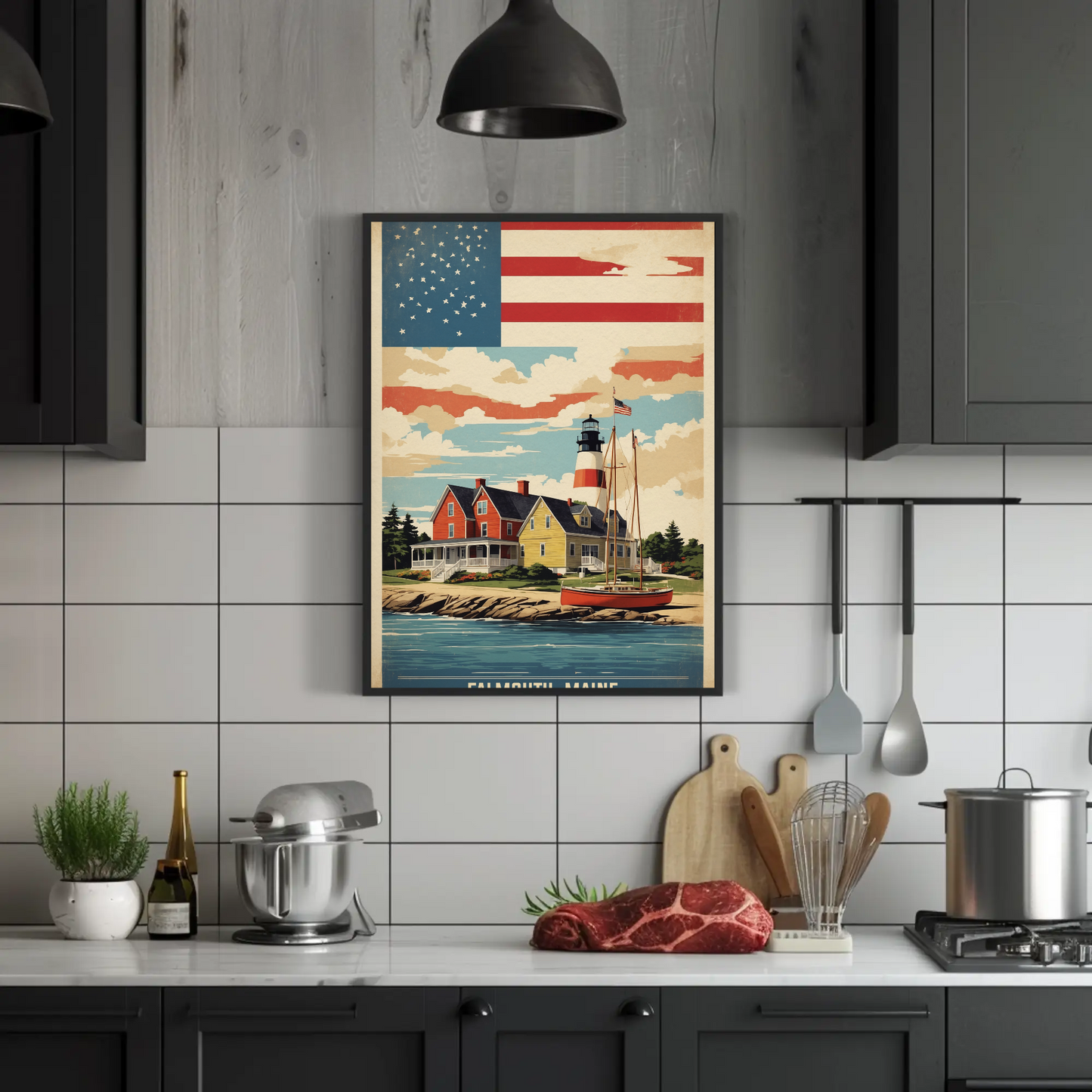 Falmouth Maine Lighthouse Harbor Scene Vintage Travel Poster