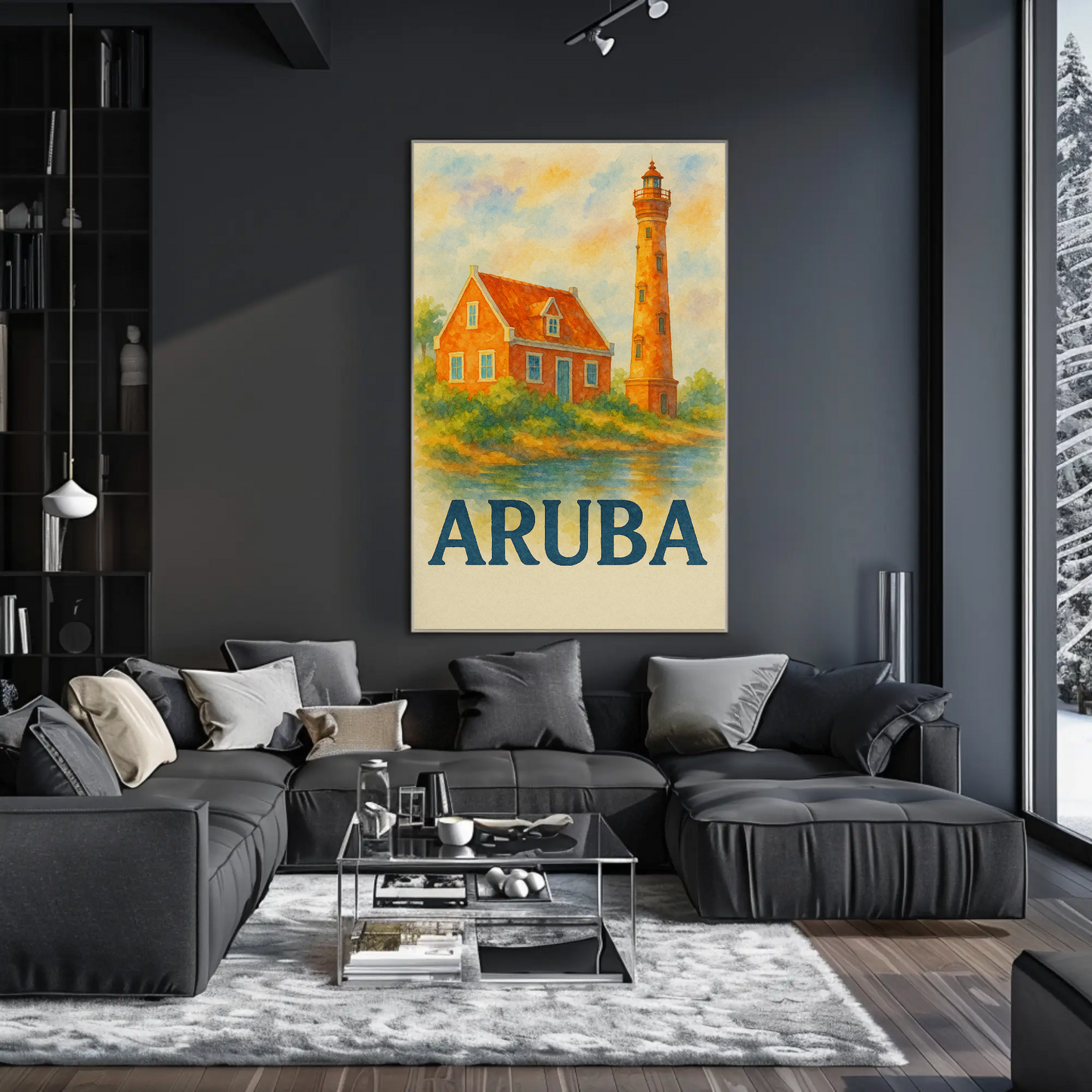 Aruba Lighthouse Ocean Hut Sunset Travel Poster