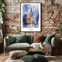 London Watercolor Cityscape: Big Ben & Parliament Travel Poster PosterGoat