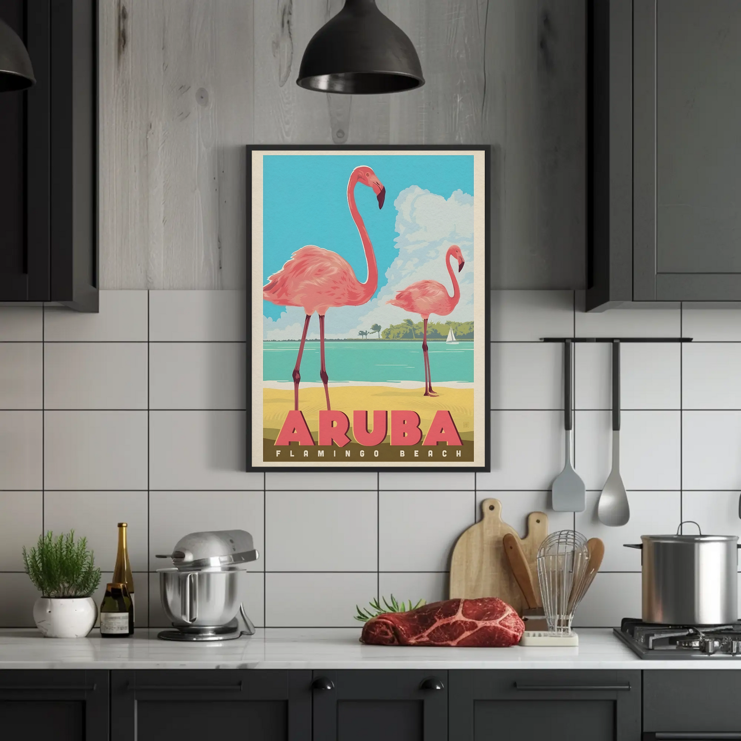 Vintage Poster Aruba Flamingo Beach