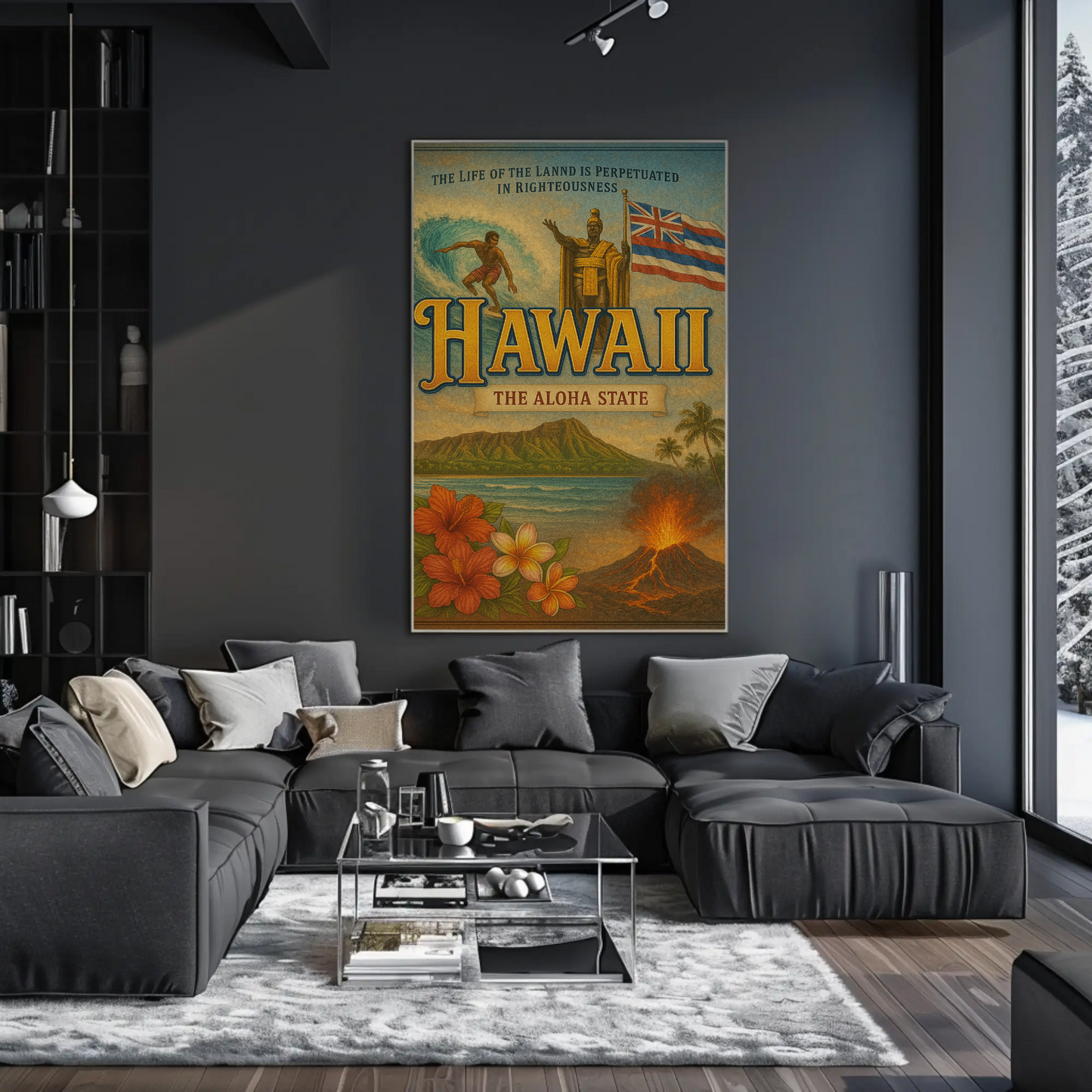 Hawaii Surf Volcano King Flag Flowers Travel Poster