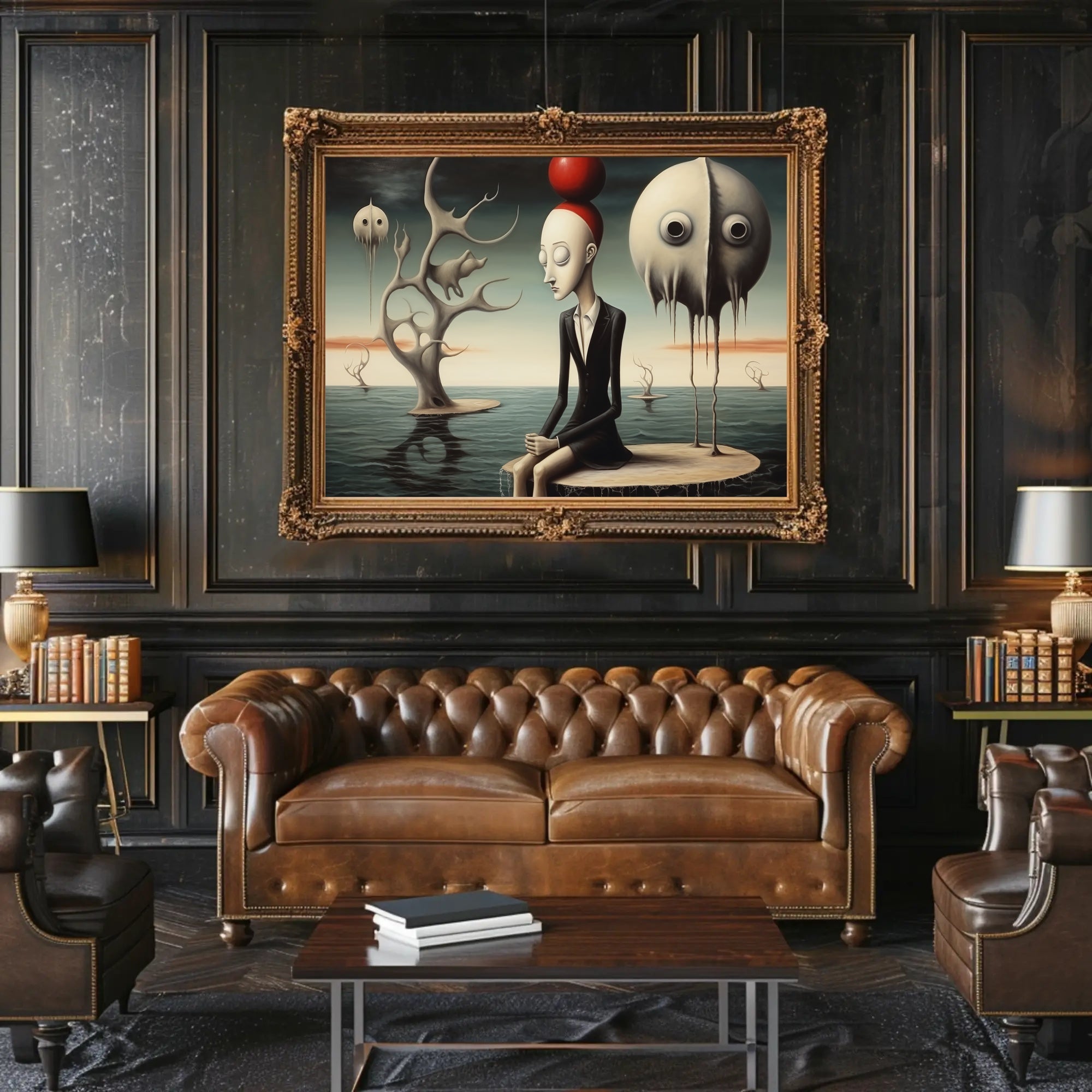 Surreal Humanoid with Red Sphere Hat Artistic Poster