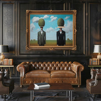 Surreal Suited Figures Artistic Poster Under Blue Sky