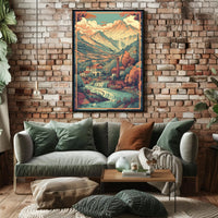 Serene Mountain Village: Tranquil Escape with Cascading River Poster