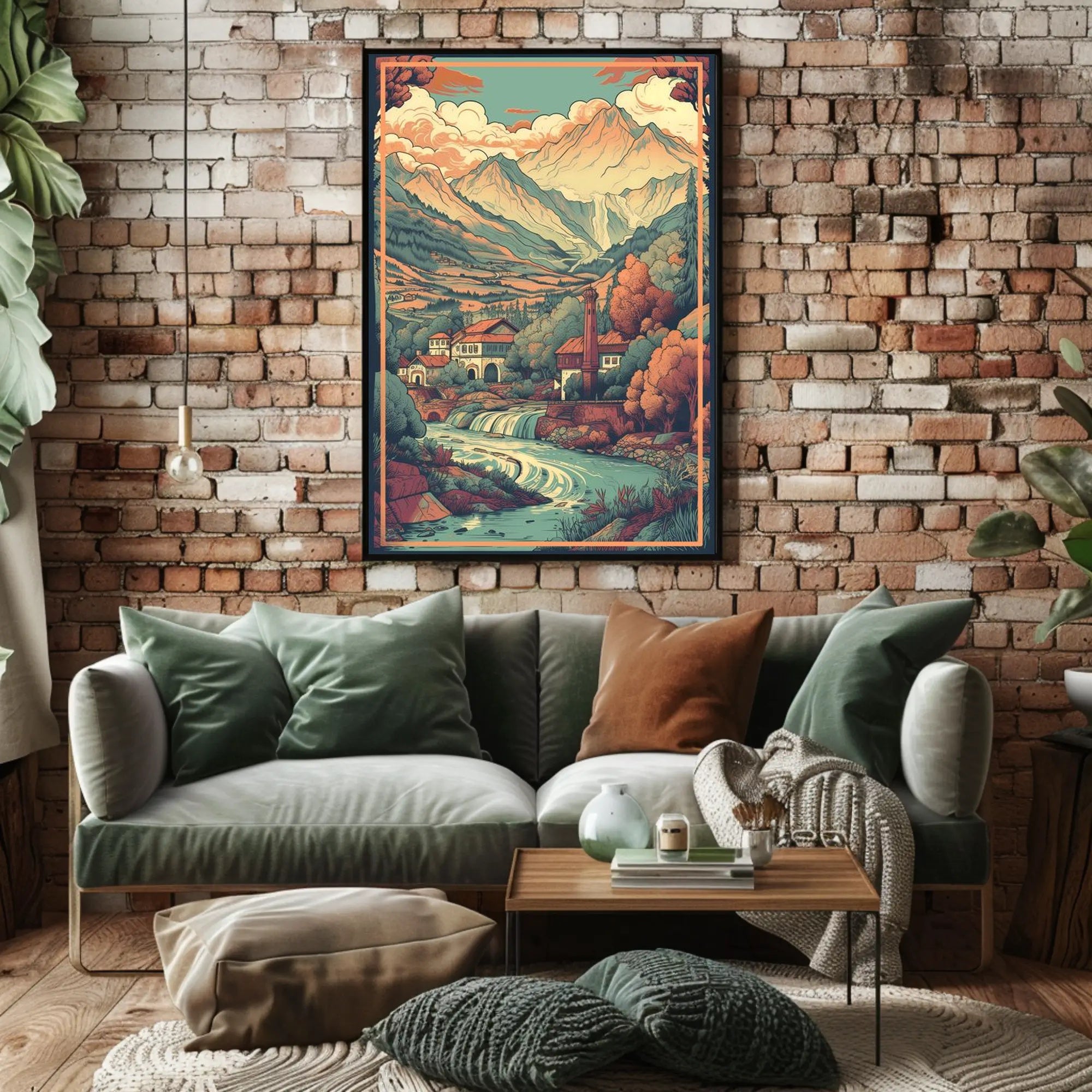 Serene Mountain Village: Tranquil Escape with Cascading River Poster
