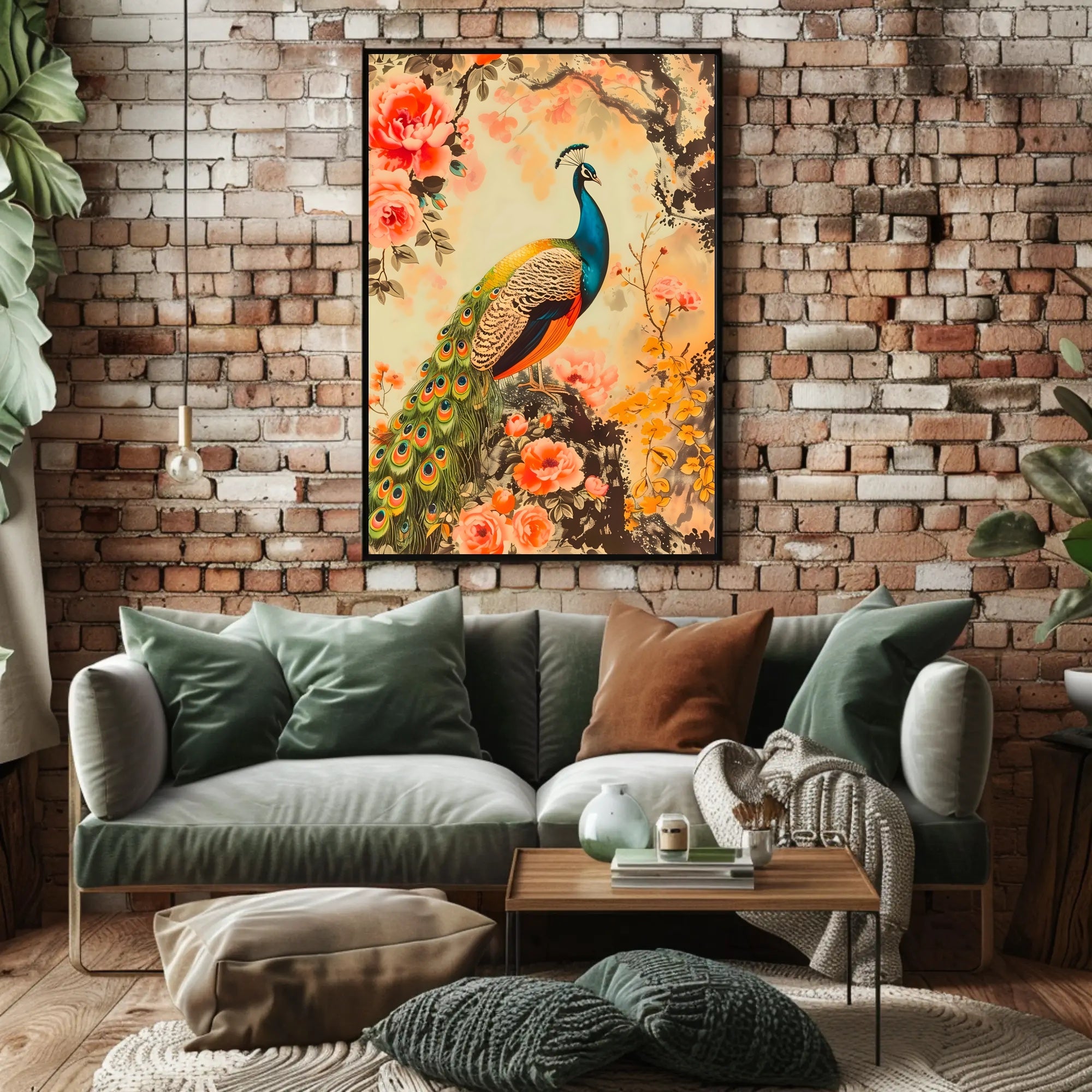 Peacock in Floral Splendor: Artistic Poster