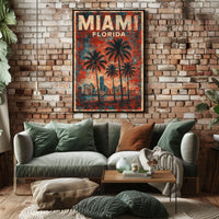 Miami Retro Vibes Vintage Cityscape Travel Art Deco Coastal Nostalgic Urban Sunset Poster