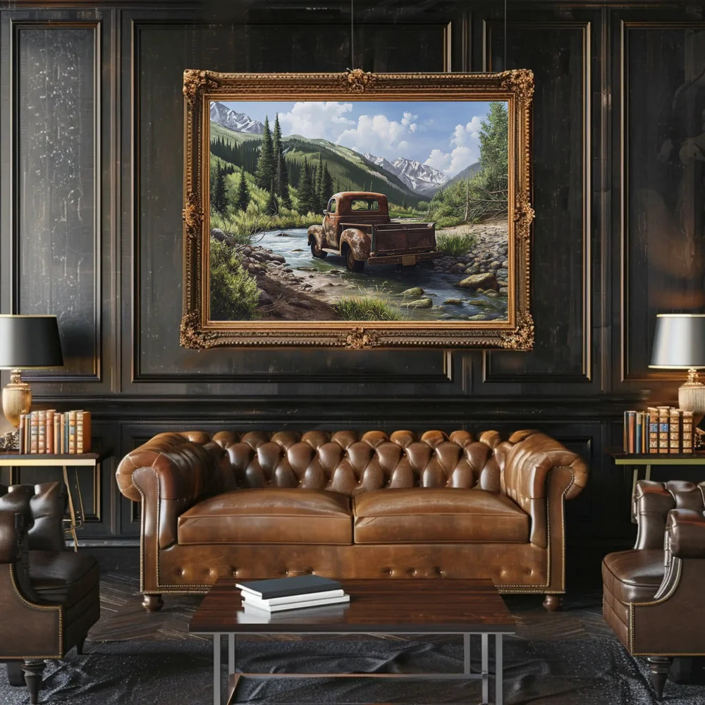 Vintage Truck in Serene Mountain Landscape Poster