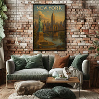 New York City Skyline Cityscape Poster Vintage Wall Art