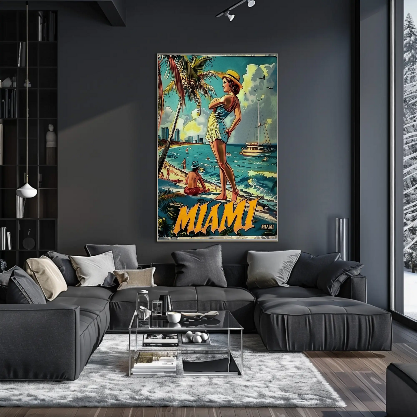 Miami Vintage Beach Scene Palm Trees Skyline Travel Poster