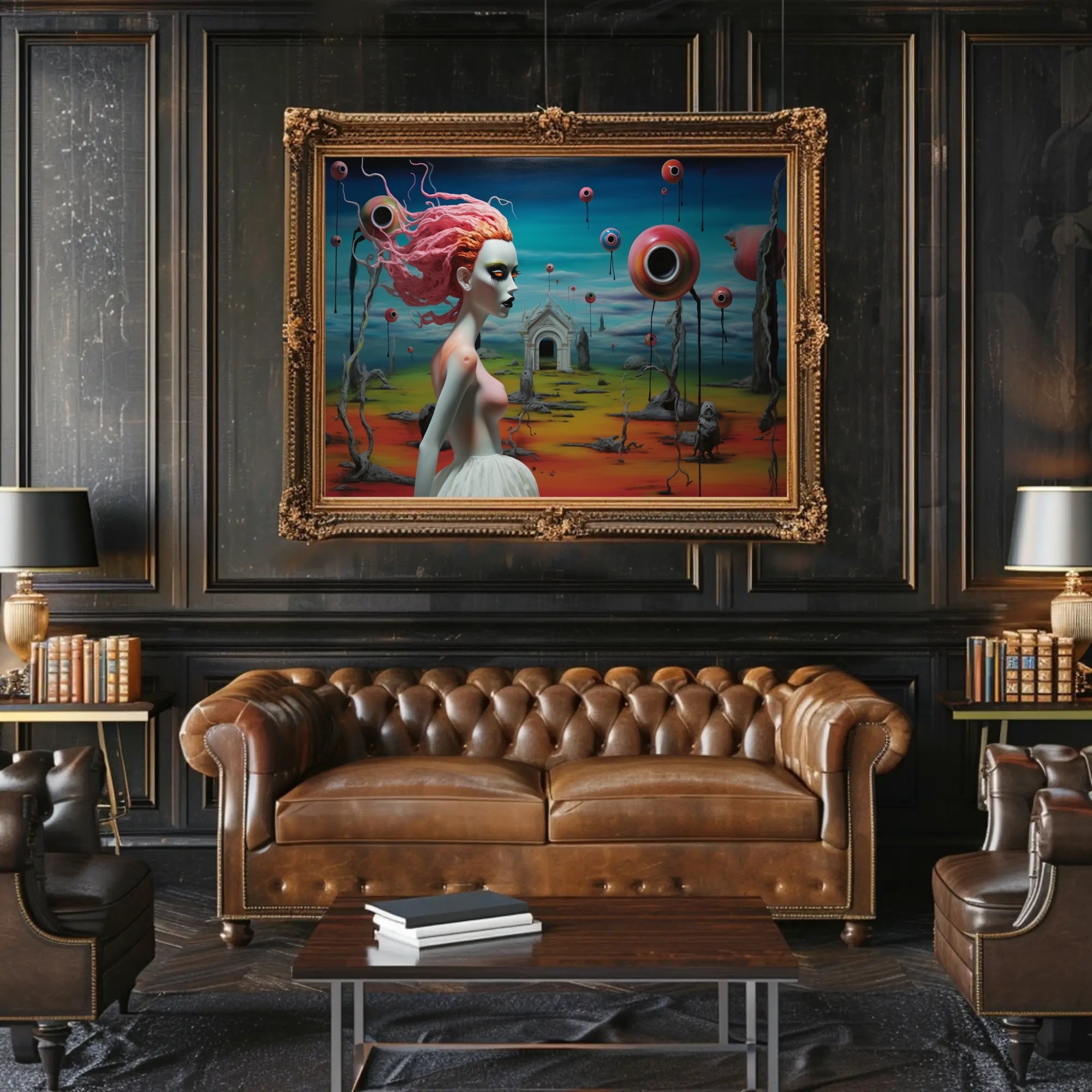 Surreal Dreamscape with Pink-Haired Figure Fantasy Poster